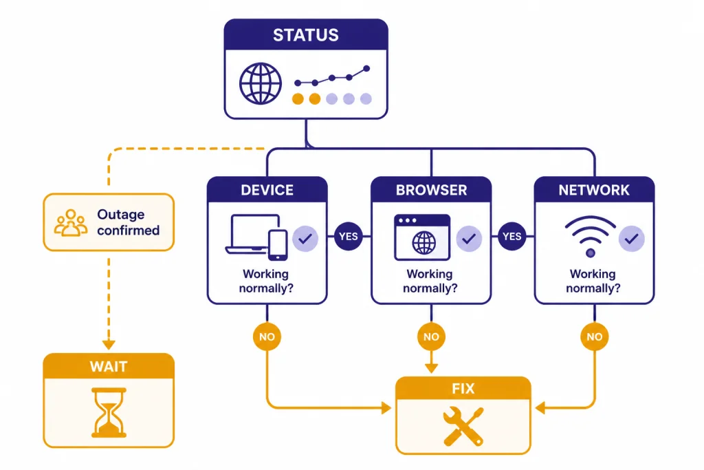Outage Or Local Check Decision tree labeled STATUS, DEVICE, BROWSER, NETWORK, WAIT, and FIX for outage diagnosis.