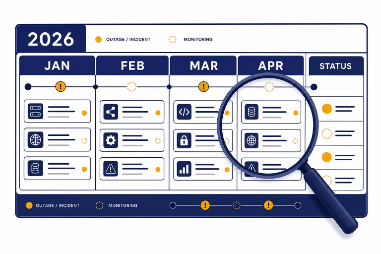 Four-column outage timeline labeled JAN, FEB, MAR, APR, with incident cards and a STATUS magnifier.