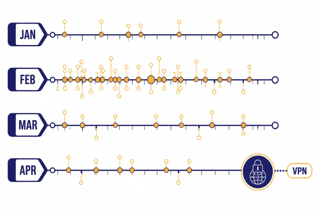 2026 Incident Timeline Timeline strip labeled JAN, FEB, MAR, APR, with clustered incident dots and an APR VPN marker.