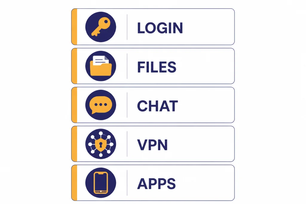 Five diagnostic cards labeled LOGIN, FILES, CHAT, VPN, and APPS with matching icons.