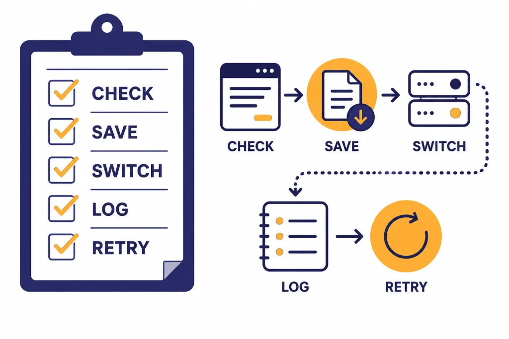Outage Response Checklist Incident checklist labeled CHECK, SAVE, SWITCH, LOG, and RETRY beside a backup workflow diagram.
