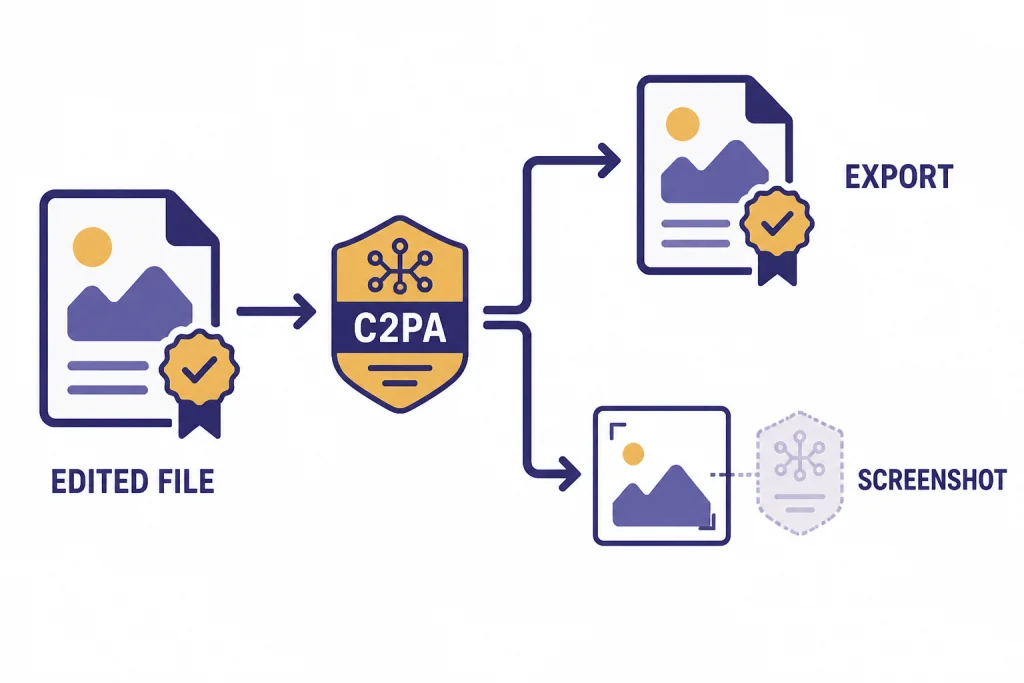 C2PA Metadata Caveat Provenance diagram labeled EDITED FILE, C2PA, EXPORT, and SCREENSHOT with fading metadata on screenshot path.