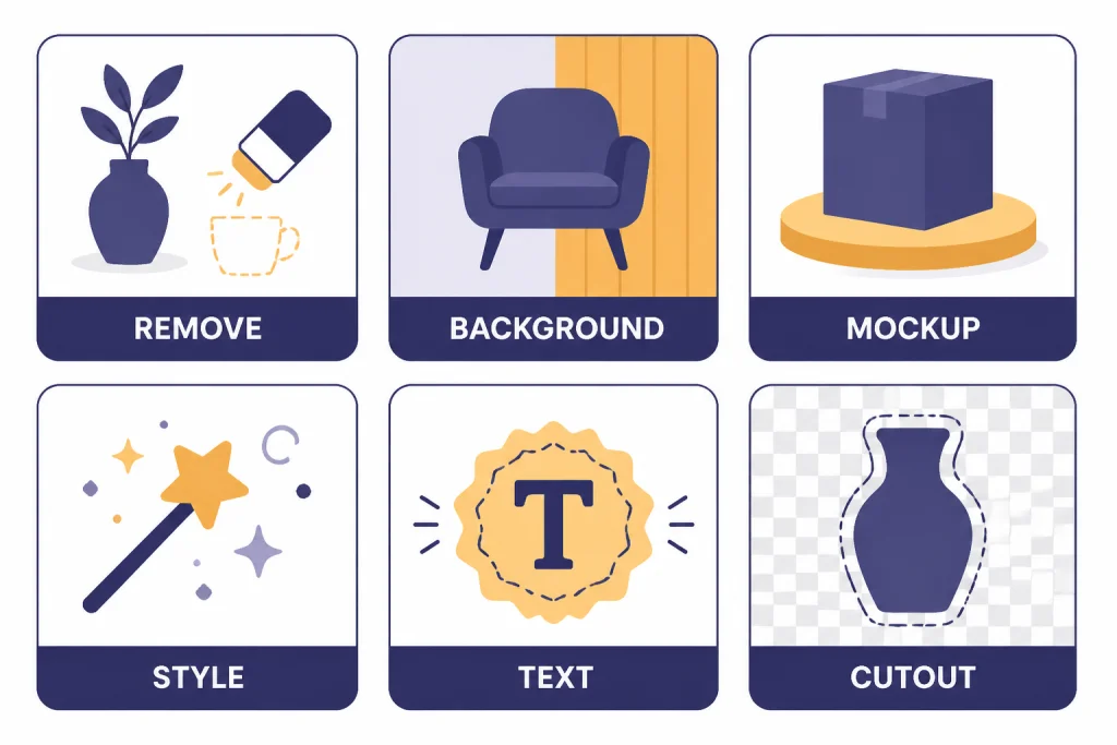Six edit cards labeled REMOVE, BACKGROUND, MOCKUP, STYLE, TEXT, and CUTOUT with matching icons.