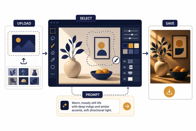 Photo-editing workflow panels labeled UPLOAD, SELECT, PROMPT, and SAVE around a selected image canvas.
