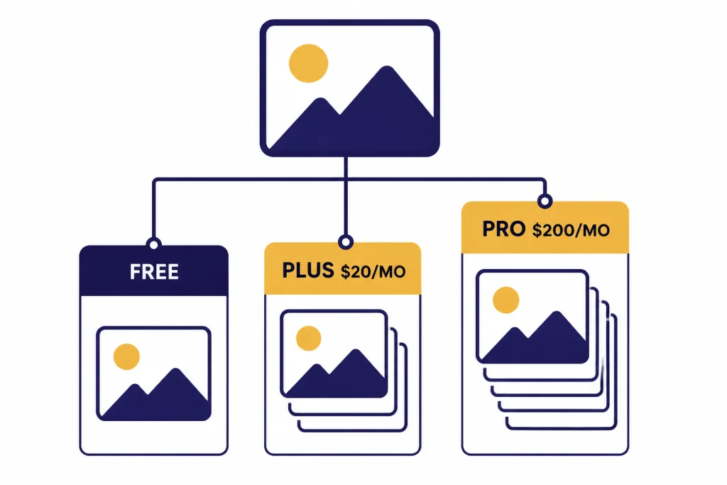 Three plan cards labeled FREE, PLUS $20/MO, and PRO $200/MO connected to an image canvas icon.