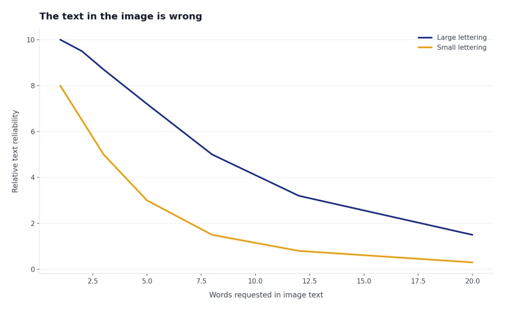 Line chart with Large lettering and Small lettering; text reliability drops as word count rises from 1 to 20.