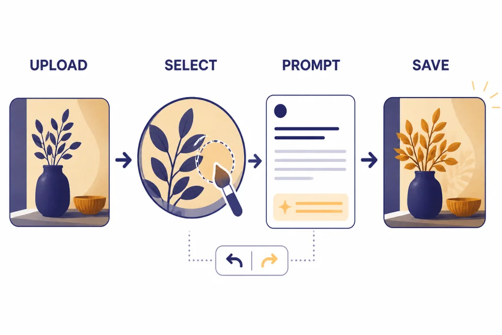 Four-step workflow labeled UPLOAD, SELECT, PROMPT, and SAVE with a brush selection and final image tile.
