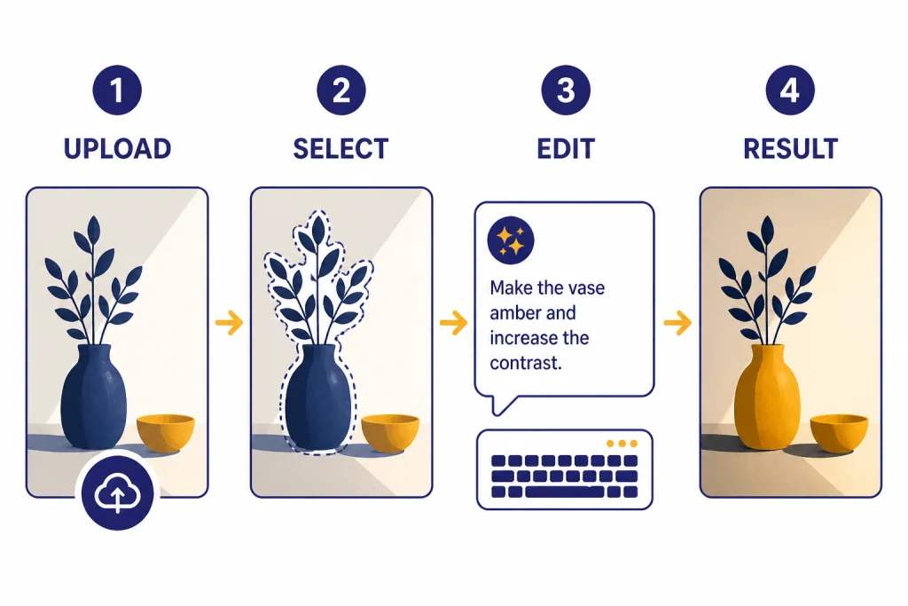 Photo Edit Workflow Photo edit workflow labeled UPLOAD, SELECT, EDIT, and RESULT from left to right.