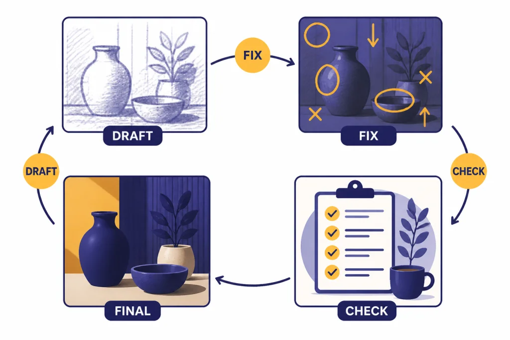Correction loop with four thumbnails labeled DRAFT, FIX, CHECK, and FINAL.