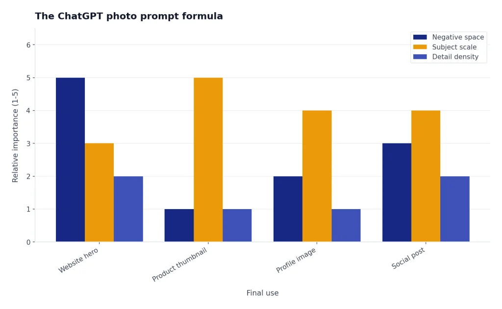 Grouped bars for Website hero, Product thumbnail, Profile image, and Social post across space, scale, density.