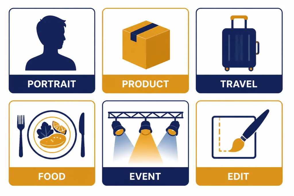 Six prompt cards labeled PORTRAIT, PRODUCT, TRAVEL, FOOD, EVENT, and EDIT with matching icons.