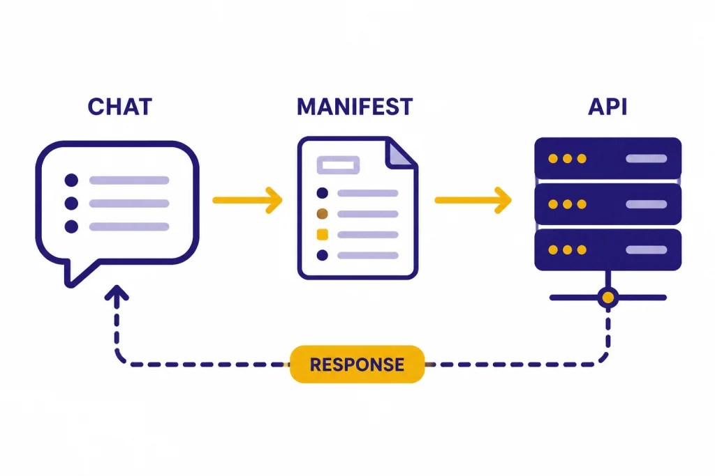 Legacy Plugin Architecture Architecture diagram labeled CHAT, MANIFEST, API, and RESPONSE with arrows between chat and an external API.