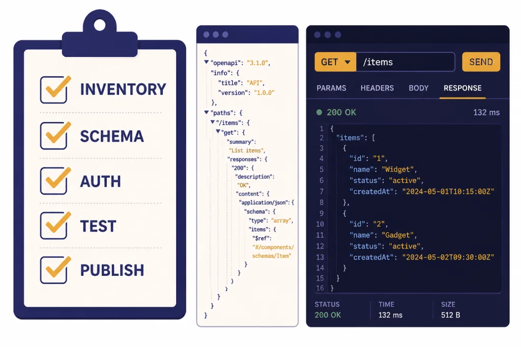 Developer checklist labeled INVENTORY, SCHEMA, AUTH, TEST, and PUBLISH beside an API schema panel.