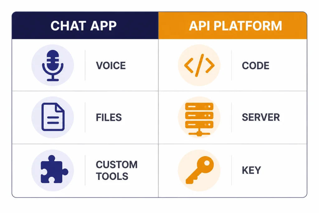 Two-column comparison labeled CHAT APP and API PLATFORM with feature icons under each column.