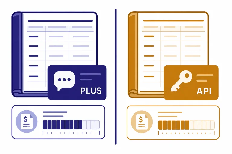 Two separate ledgers labeled PLUS and API with separate billing meters under each card.