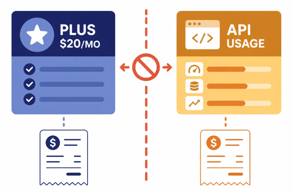 Split diagram with cards labeled PLUS $20/MO and API USAGE separated by a no-transfer barrier.