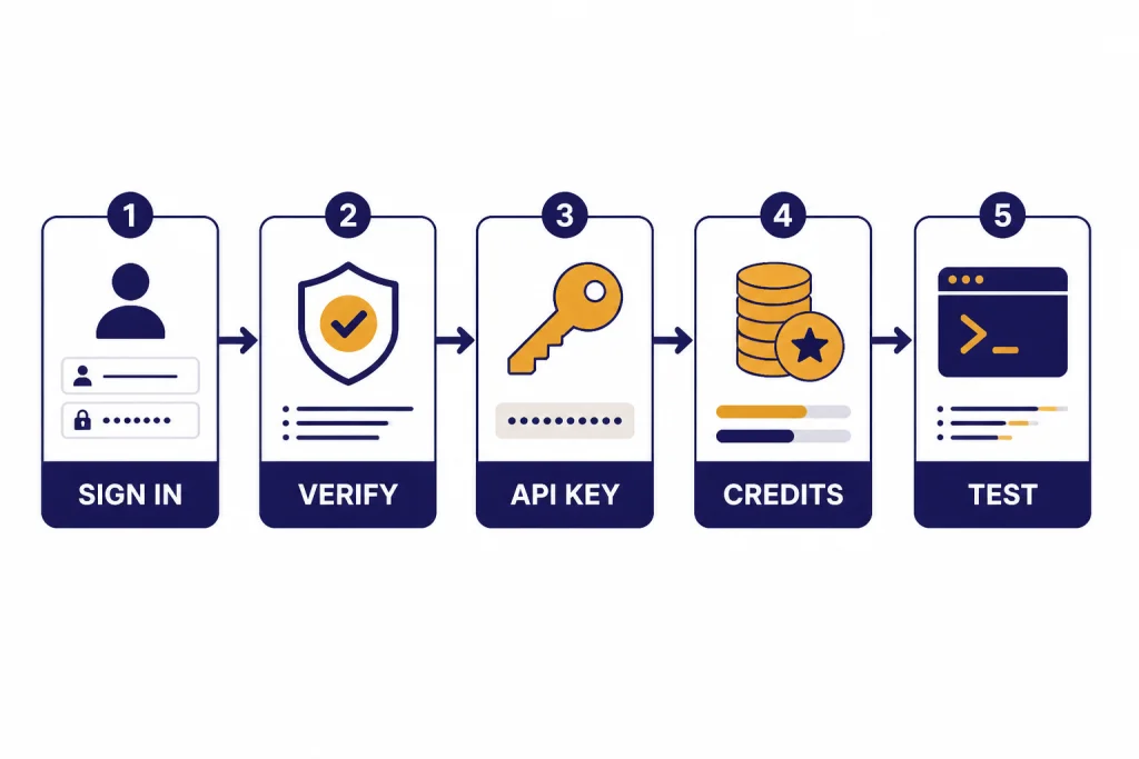 API Access Setup Steps Five-step checklist labeled SIGN IN, VERIFY, API KEY, CREDITS, and TEST connected by arrows.