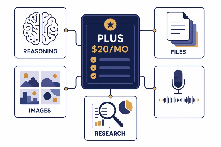 Dashboard card labeled PLUS $20/MO with tiles labeled REASONING, FILES, IMAGES, and RESEARCH.