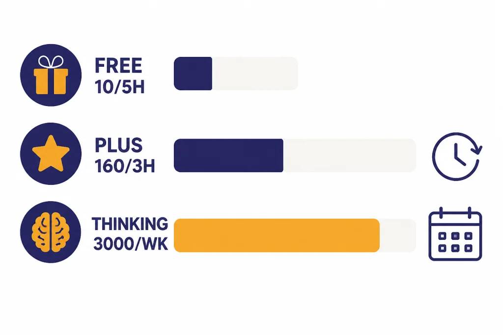 Three usage bars labeled FREE 10/5H, PLUS 160/3H, and THINKING 3000/WK with clock icons.
