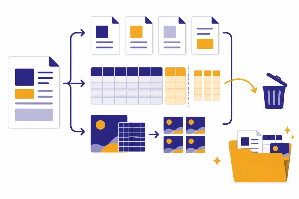 Cleanup workflow splits a document, trims a spreadsheet, compresses images, and fills a project folder.