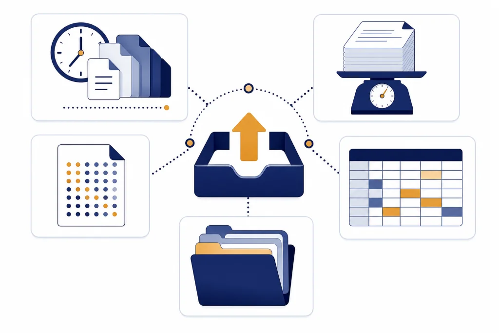 Plus Upload Dashboard Dashboard with upload tray and five gauges for file count, size, tokens, spreadsheets, and projects.