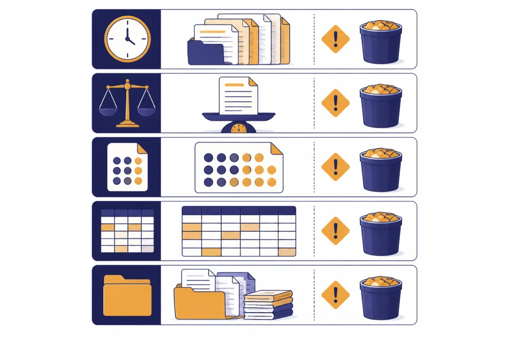 Five limit cards with clock, document scale, token page, spreadsheet grid, and project folder.