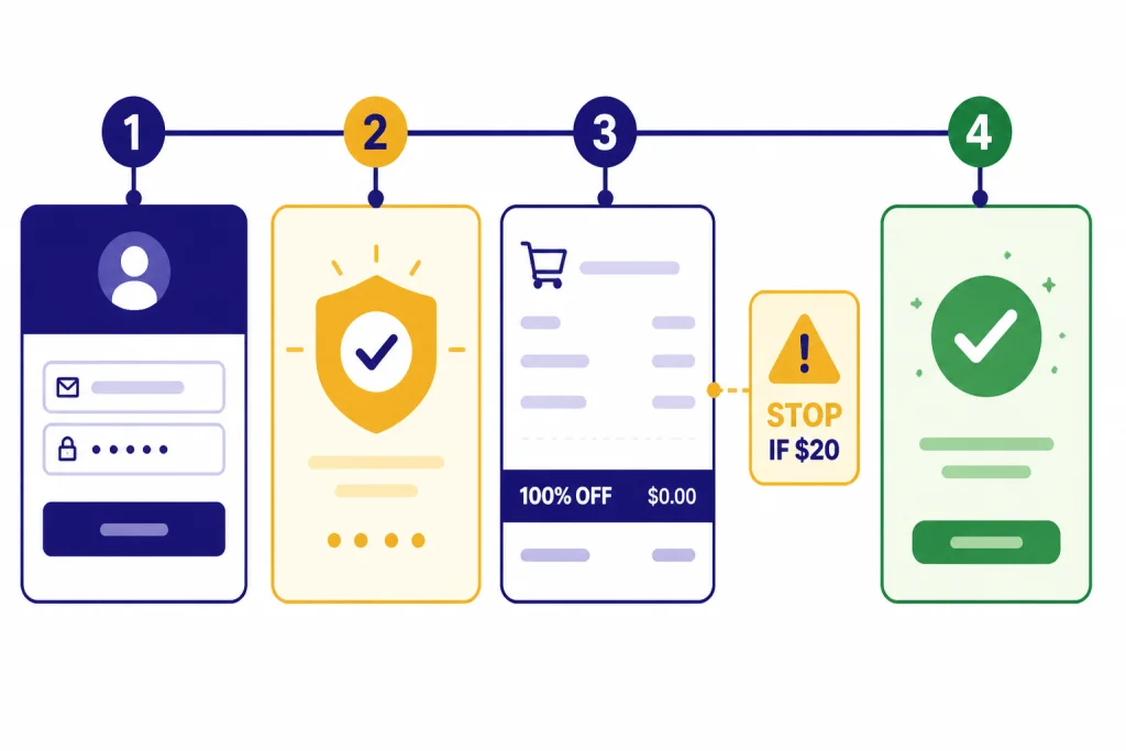 Four-step checkout timeline ending in a receipt line labeled 100% OFF and a warning STOP IF $20