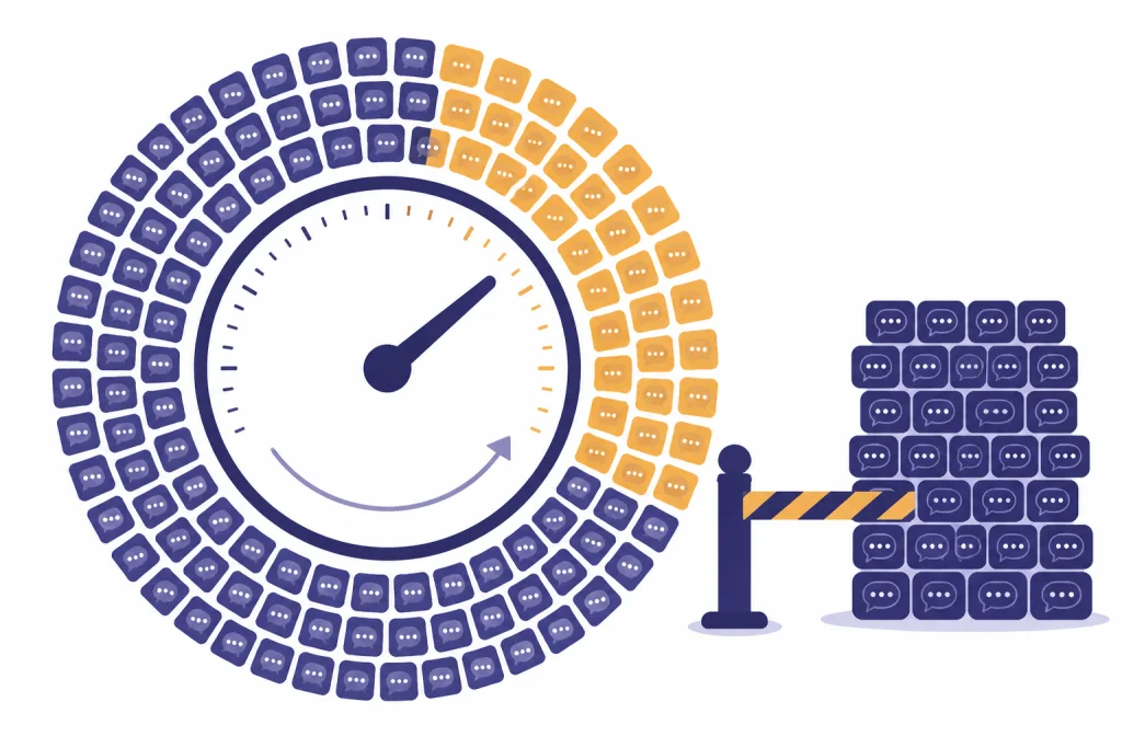 Eighty chat tiles around a circular timer with a blocked overflow stack.