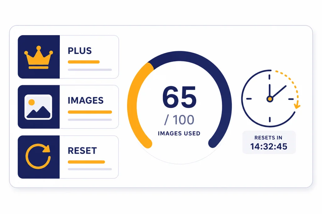Plus Image Limit Dashboard Dashboard card with quota gauge, reset clock, and bars labeled PLUS, IMAGES, and RESET.
