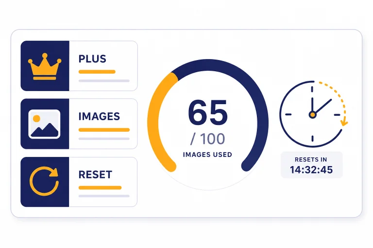 Dashboard card with quota gauge, reset clock, and bars labeled PLUS, IMAGES, and RESET.