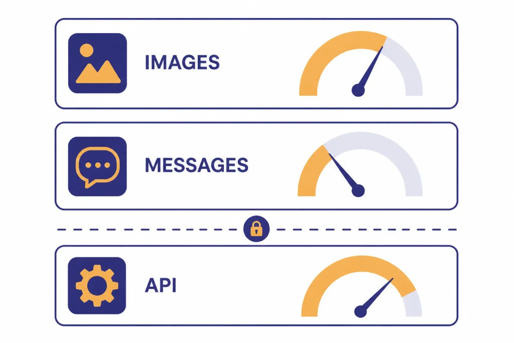 Separate Limit Buckets Three quota cards labeled IMAGES, MESSAGES, and API with separate gauges.