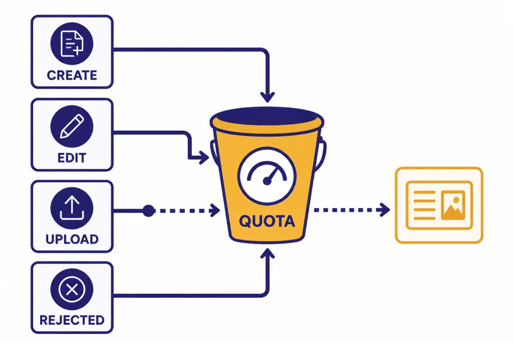 What Counts Toward Quota Flow diagram with actions labeled CREATE, EDIT, UPLOAD, REJECTED feeding a QUOTA bucket.
