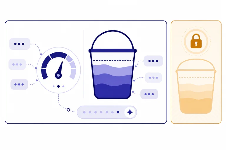 Quota dashboard with a short-window gauge, weekly bucket, locked model card, and fallback lane.
