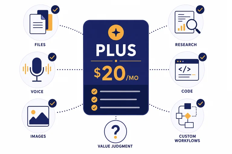 Pricing card labeled PLUS $20/MO surrounded by file, voice, image, research, code, and workflow icons.