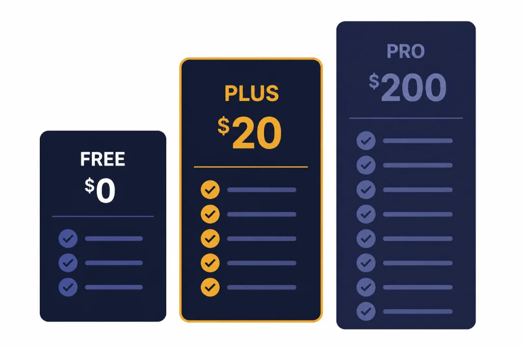 Three plan cards labeled FREE $0, PLUS $20, and PRO $200, with PLUS highlighted in the middle.