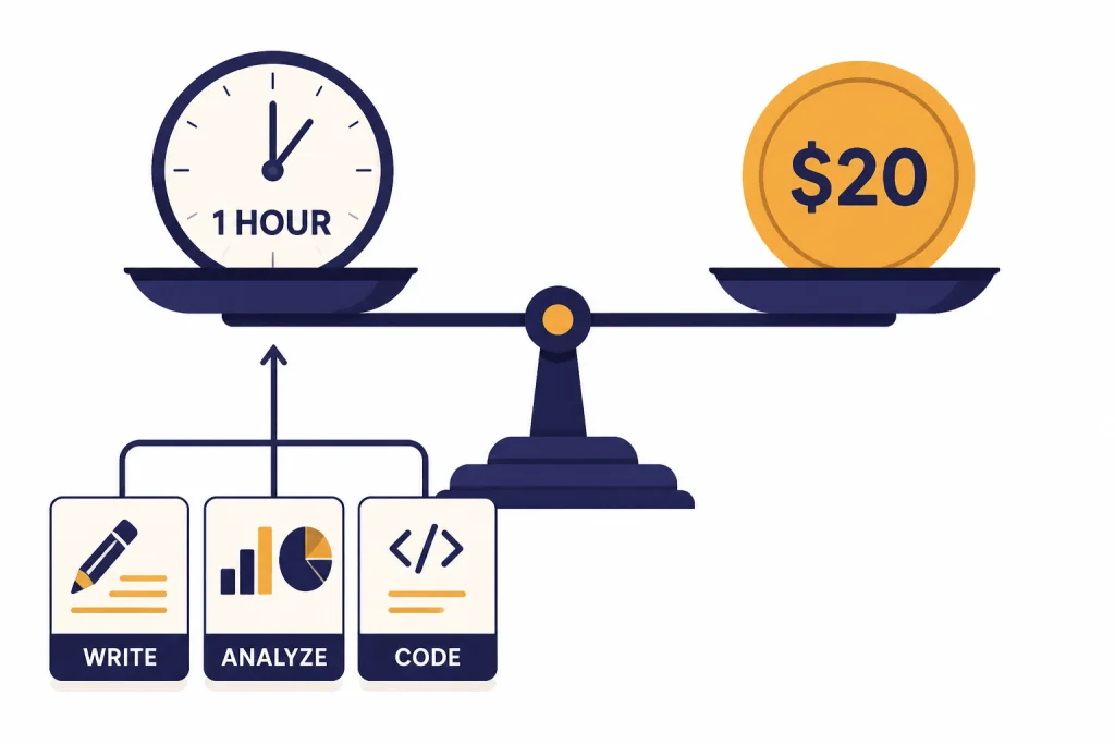 Decision scale balancing 1 HOUR against $20, with workflow cards labeled WRITE, ANALYZE, and CODE.