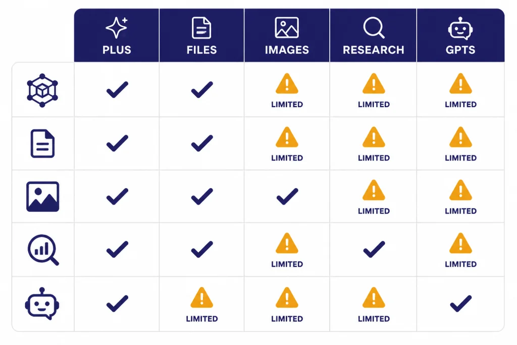 Feature matrix labeled MODELS, FILES, IMAGES, RESEARCH, and GPTS with Plus checkmarks and limit warnings.