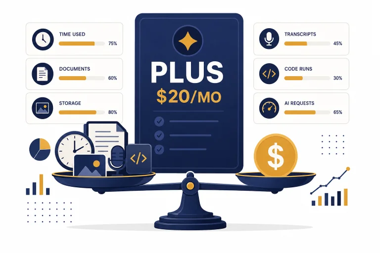 Value dashboard with a central card labeled PLUS $20/MO, feature icons, usage meters, and a dollar marker.