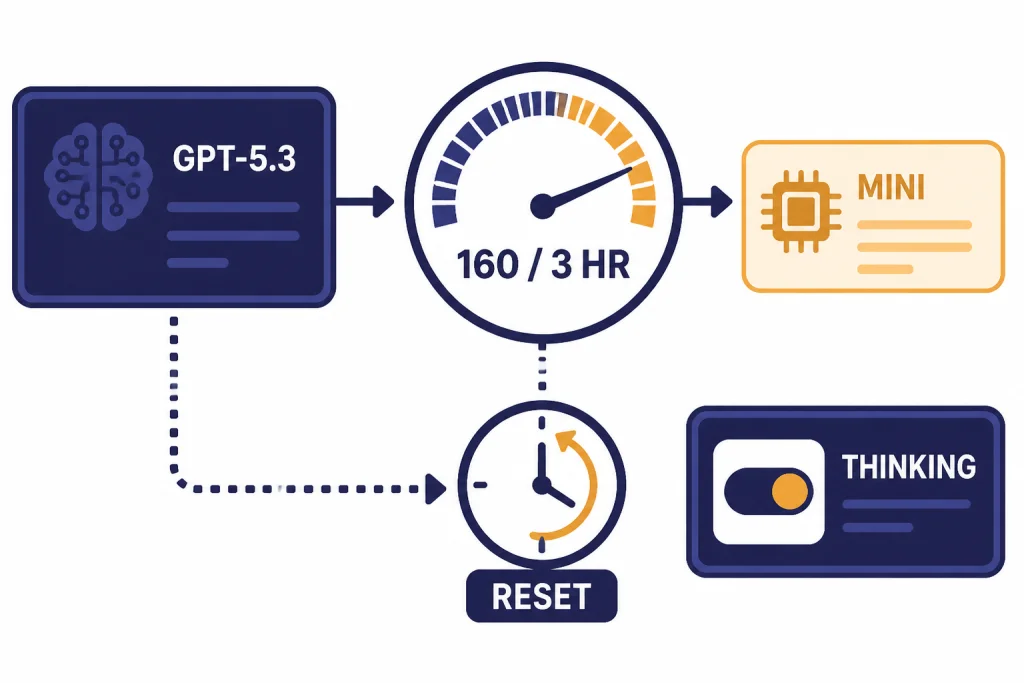 GPT-5.3 Limit Flow Usage flow with GPT-5.3, 160 / 3 HR meter, MINI fallback, RESET clock, and THINKING switch.