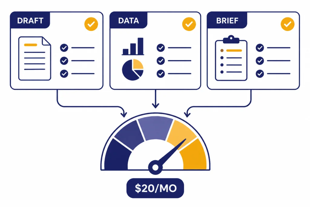 Three Output Value Test Decision worksheet with cards labeled DRAFT, DATA, BRIEF and a $20/MO chip feeding a value gauge.