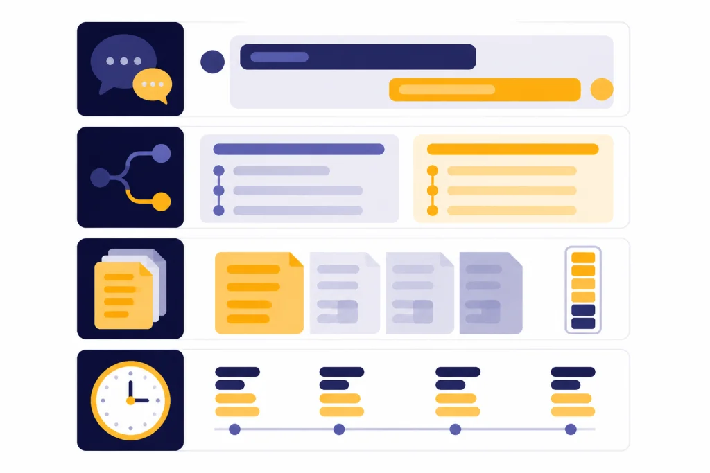 Plus Limit Summary Four stacked limit cards with chat bar, split reasoning bar, file stack, and clock.