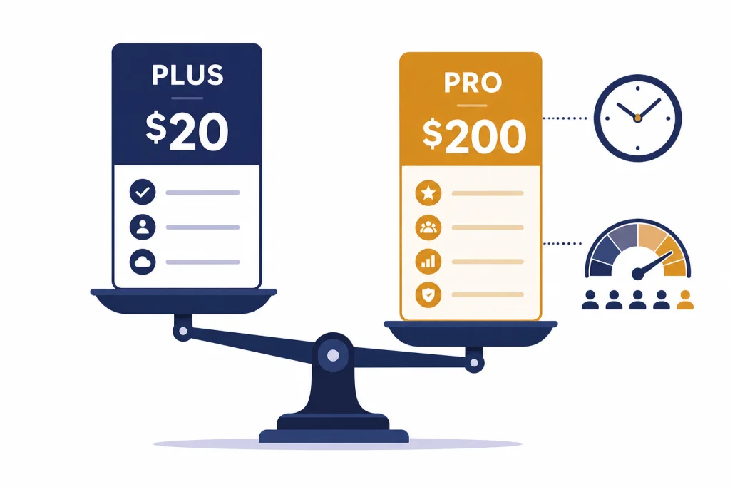 Plus And Pro Cost Balance Balance scale with cards labeled PLUS $20 and PRO $200 plus a workload gauge beside Pro.