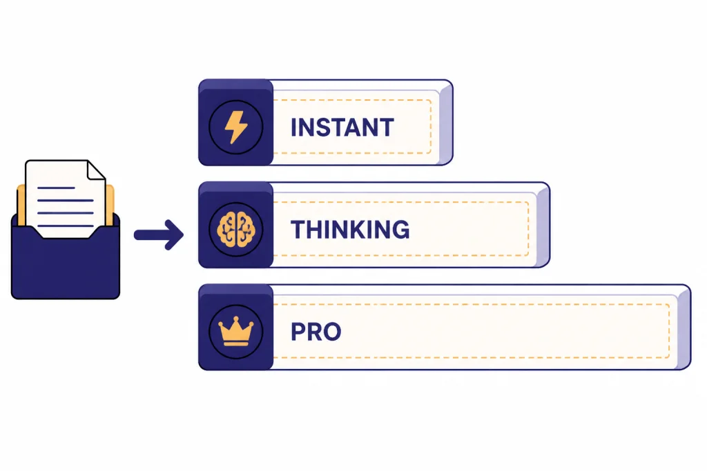 Model Access And Context Three context blocks labeled INSTANT, THINKING, and PRO with PRO longest and a file packet entering.
