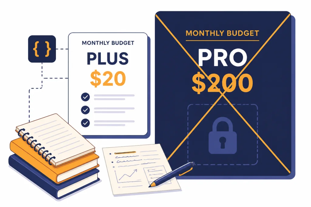 Plus For Everyday Users Budget cards labeled PLUS $20 and PRO $200 with notes, writing pages, and code icons around Plus.