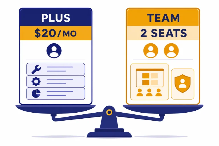 Balance scale with cards labeled PLUS $20/MO and TEAM 2 SEATS, one user dot versus two user dots.
