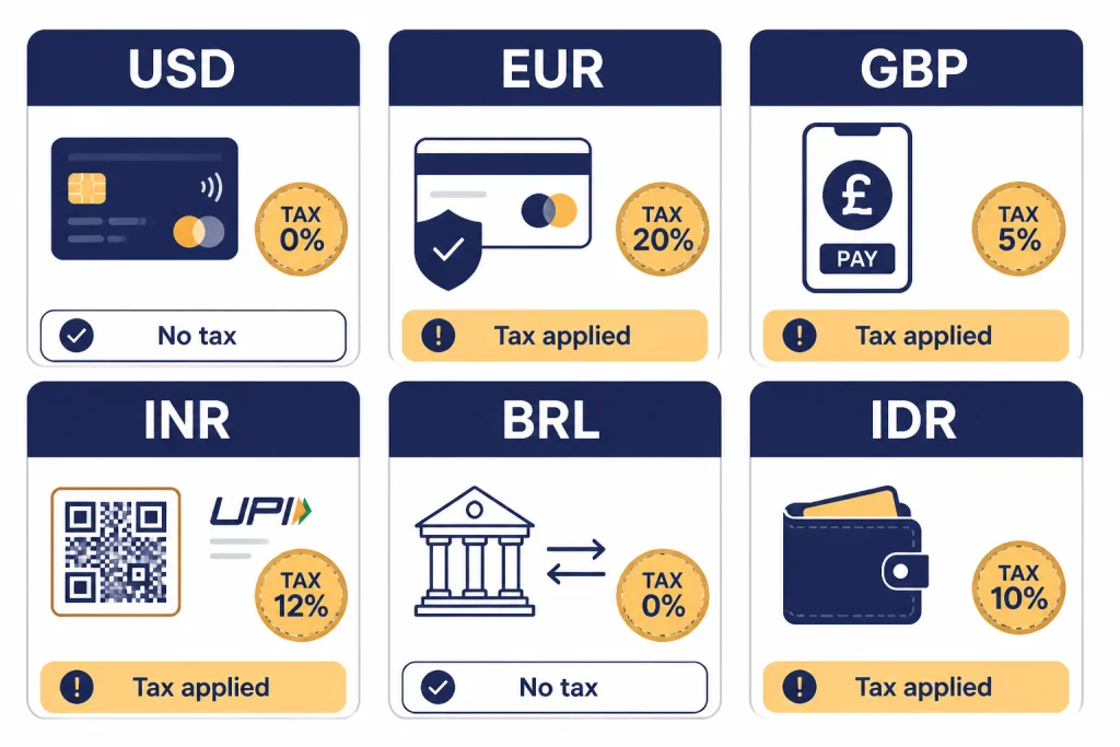 Six currency tiles labeled USD, EUR, GBP, INR, BRL, and IDR with payment icons and tax coins.