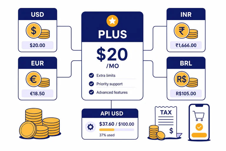 Pricing card labeled PLUS $20/MO linked to currency tiles USD, EUR, INR, BRL and meter API USD.