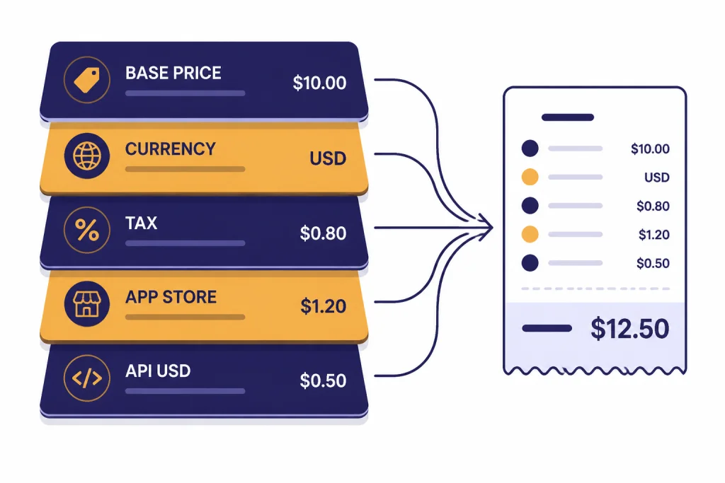 Country Price Factors Five checkout layers labeled BASE PRICE, CURRENCY, TAX, APP STORE, and API USD combining into a receipt.
