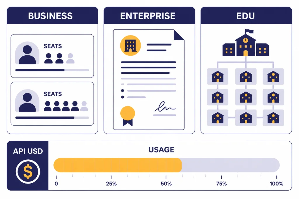 Workspace And API Billing Billing lanes labeled BUSINESS, ENTERPRISE, EDU, plus an API USD usage meter labeled USAGE.