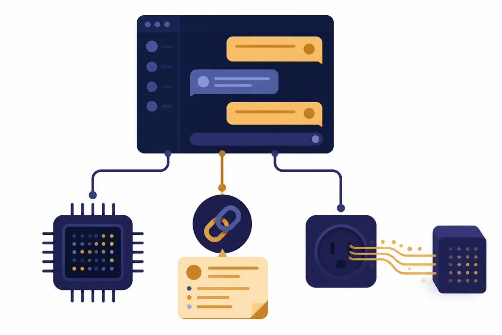 Privacy-Changing Features Chat window connected to a memory chip, shared link card, and external action socket.